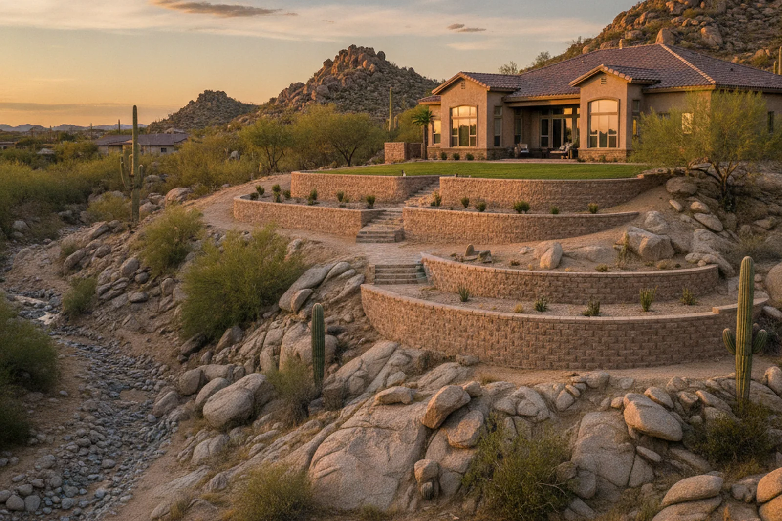 Fortuna Foothills Arizona retaining wall terrain grade changes wash drainage Yuma County desert residential property