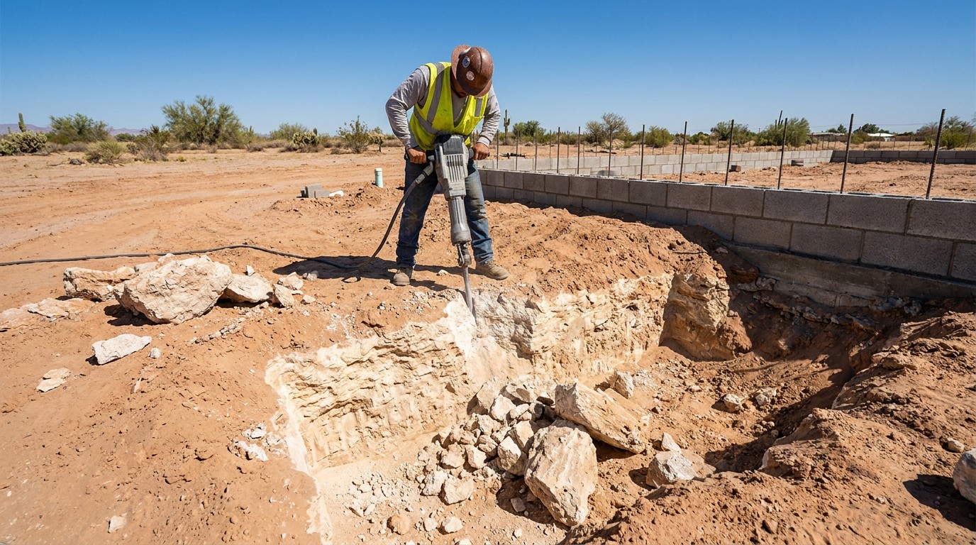 Caliche soil excavation for retaining wall footing in Yuma Arizona Yuma County desert