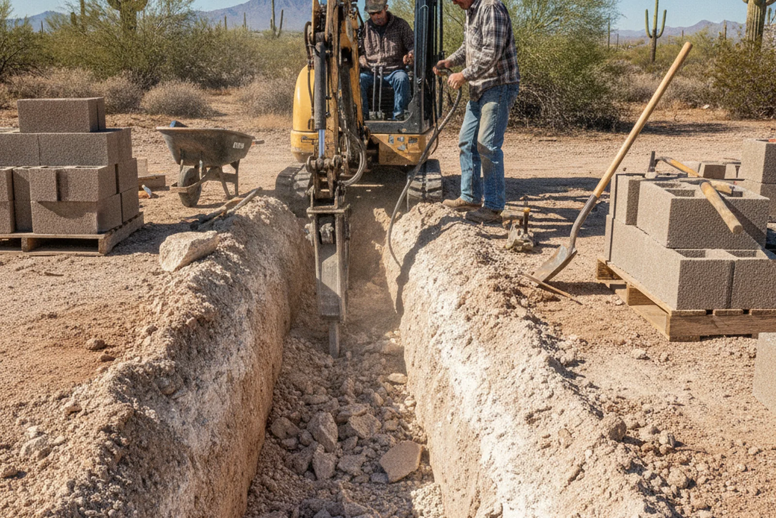 Caliche soil footing excavation retaining wall Yuma Arizona Yuma County hardpan layer desert footing prep Marcus