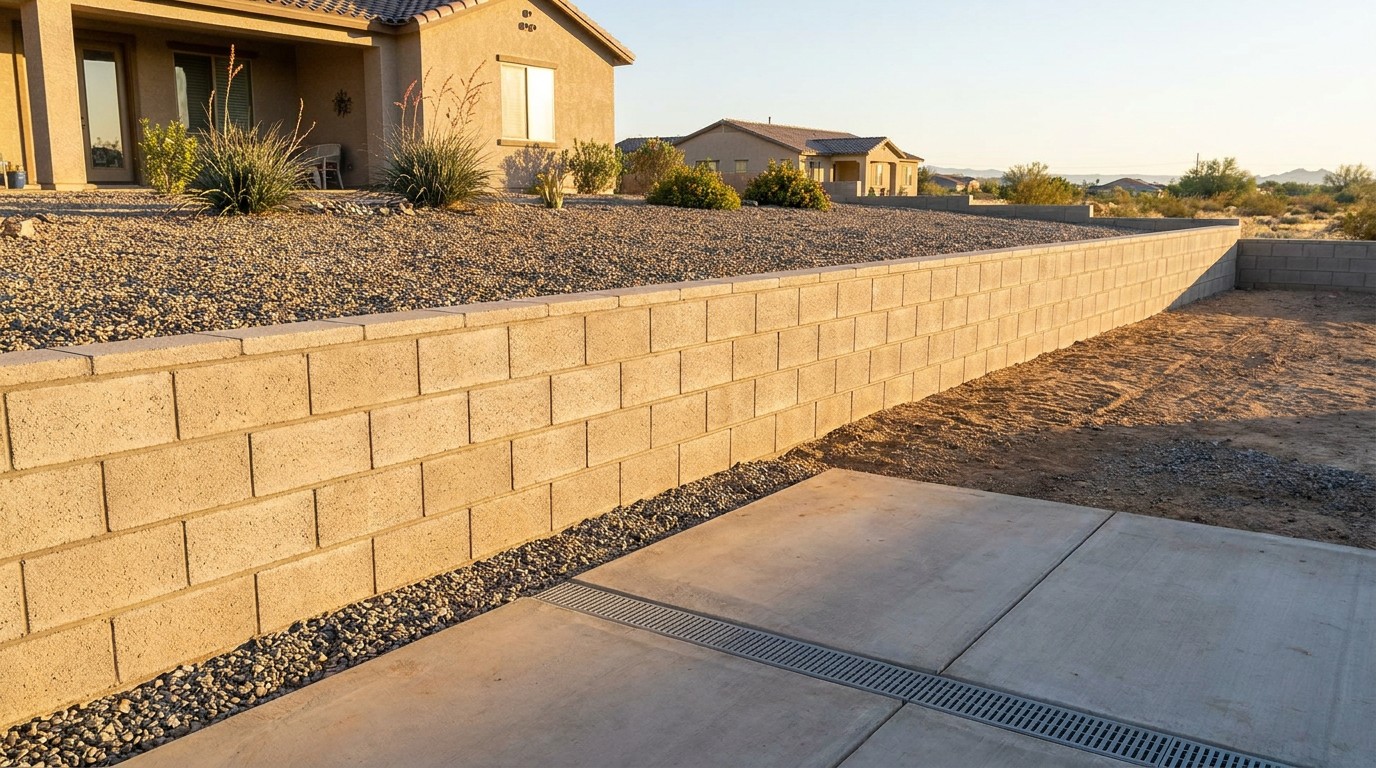 Completed CMU block retaining wall in Yuma Arizona residential property monsoon drainage caliche footing