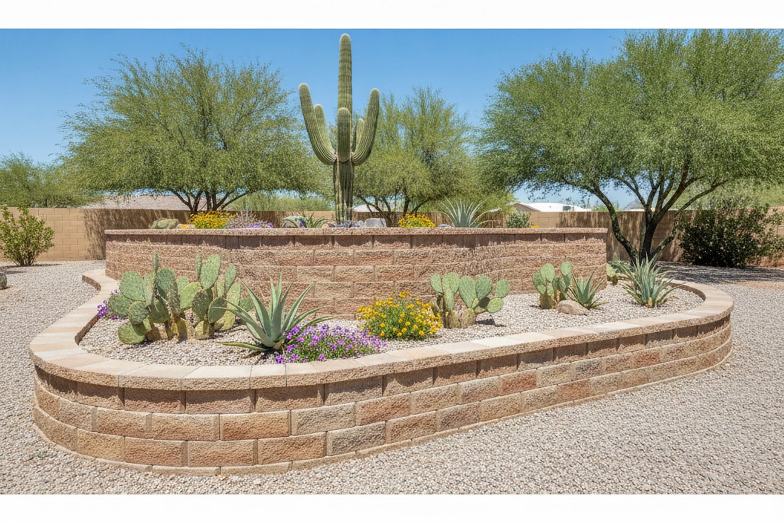Raised planter border wall Yuma Arizona Yuma County CMU block desert landscaping residential decorative retaining