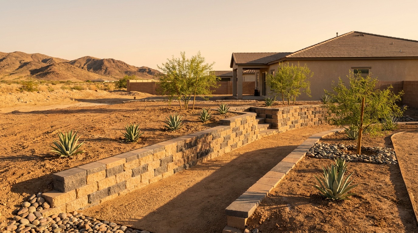 Retaining wall construction on a residential property in Yuma Arizona Yuma County Sonoran Desert block wall drainage
