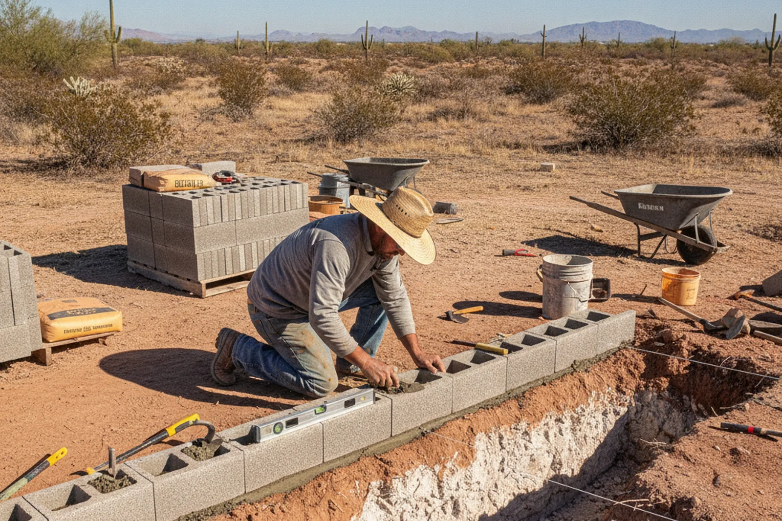 Retaining wall contractor building CMU block wall Yuma Arizona Yuma County Sonoran Desert caliche footing Marcus