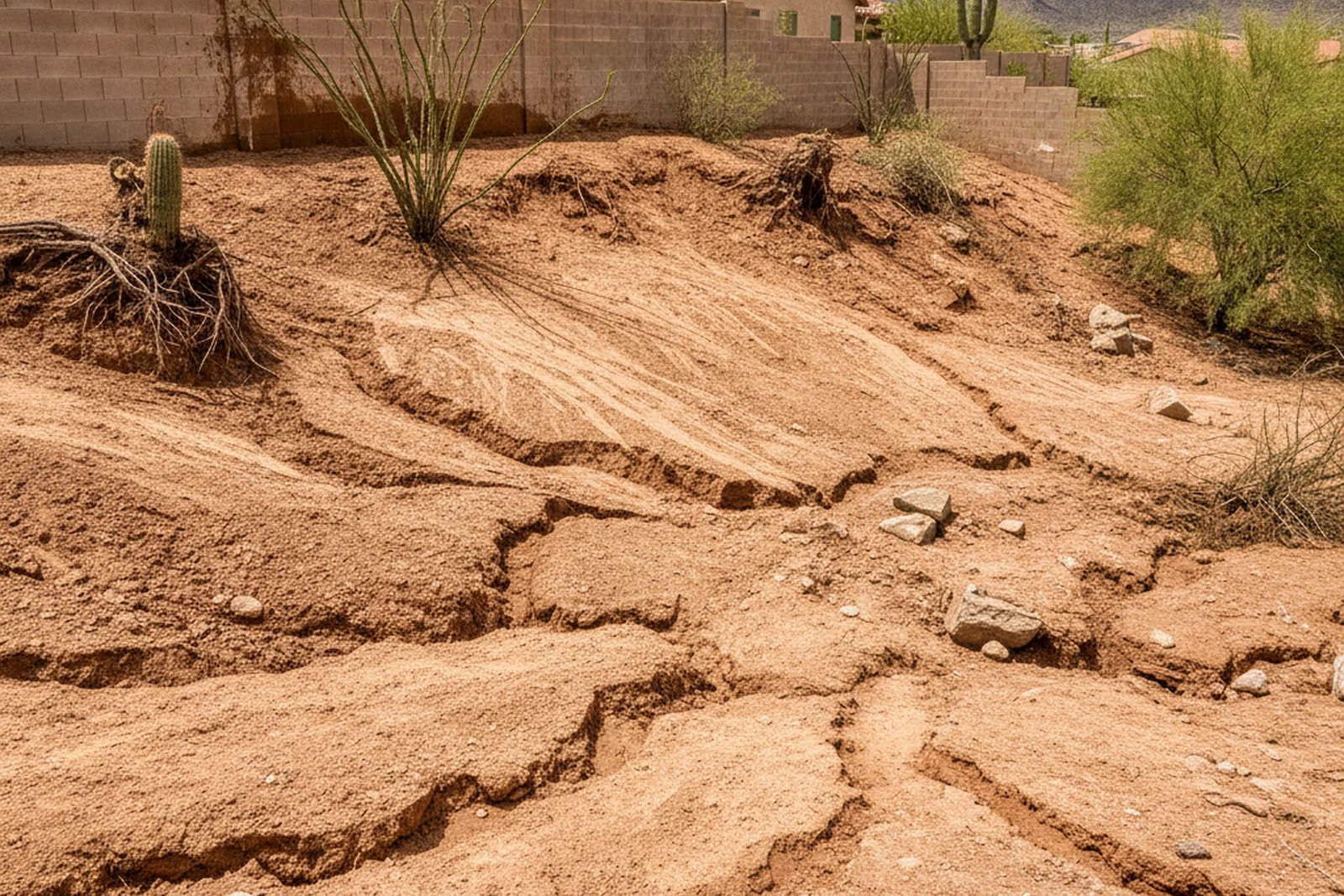 Slope washout erosion Yuma Arizona Yuma County monsoon runoff before retaining wall installation desert residential
